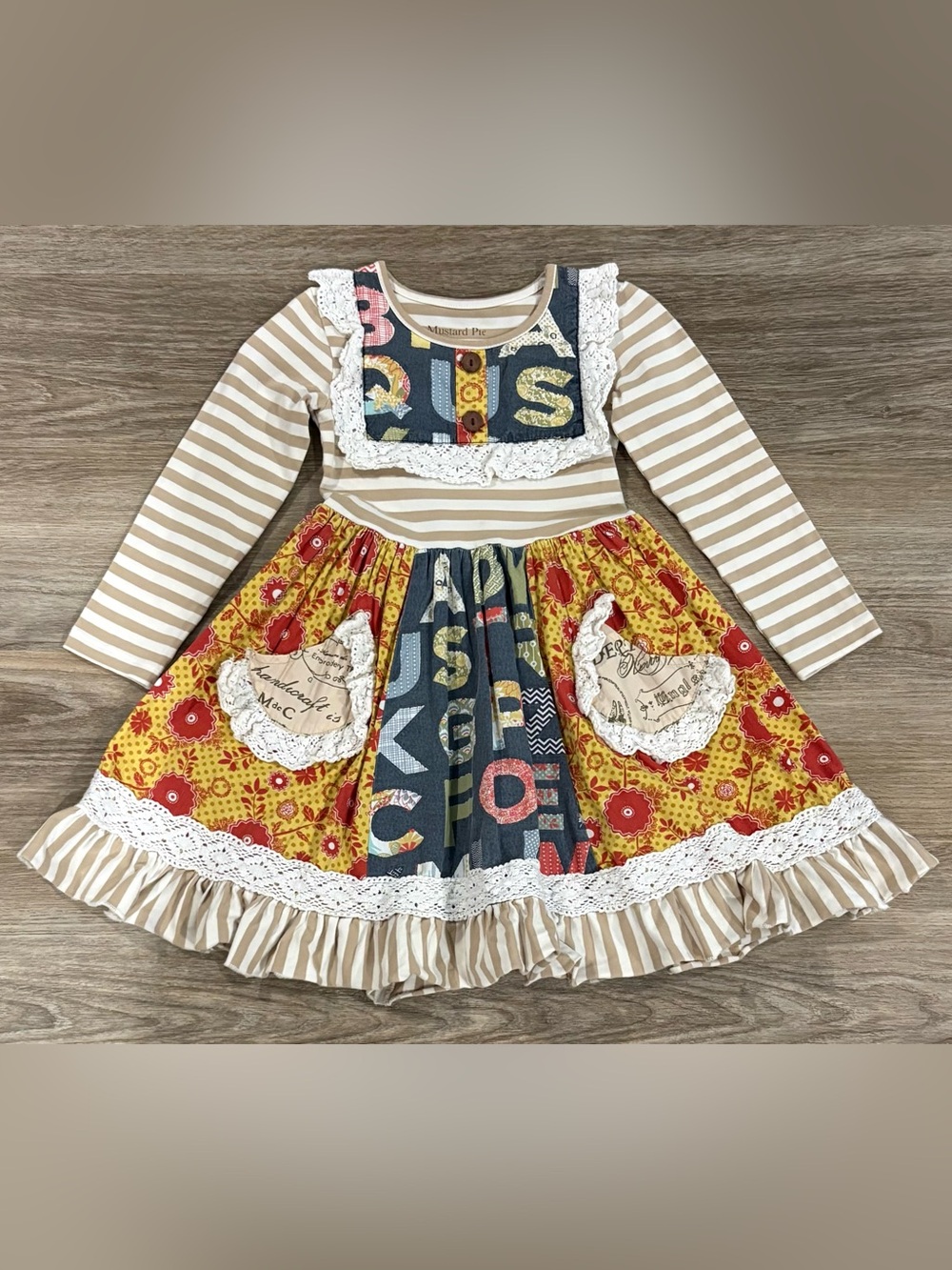 Mustard Pie Yellow, Cream & Blue Alphabet Floral Ruffle Dress 2t